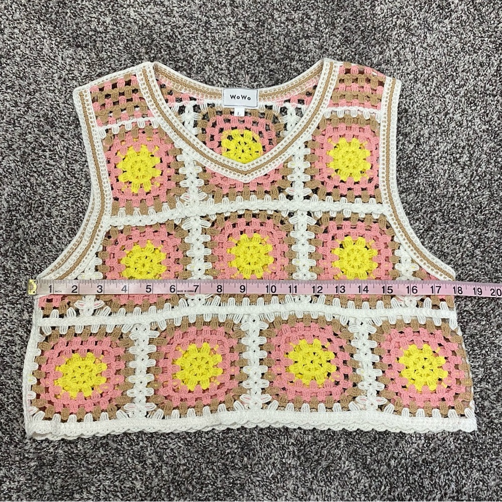 WoWo Granny‎ Square Cropped Pink Tan White Crochet Sleeveless Top Large - Picture 5 of 6